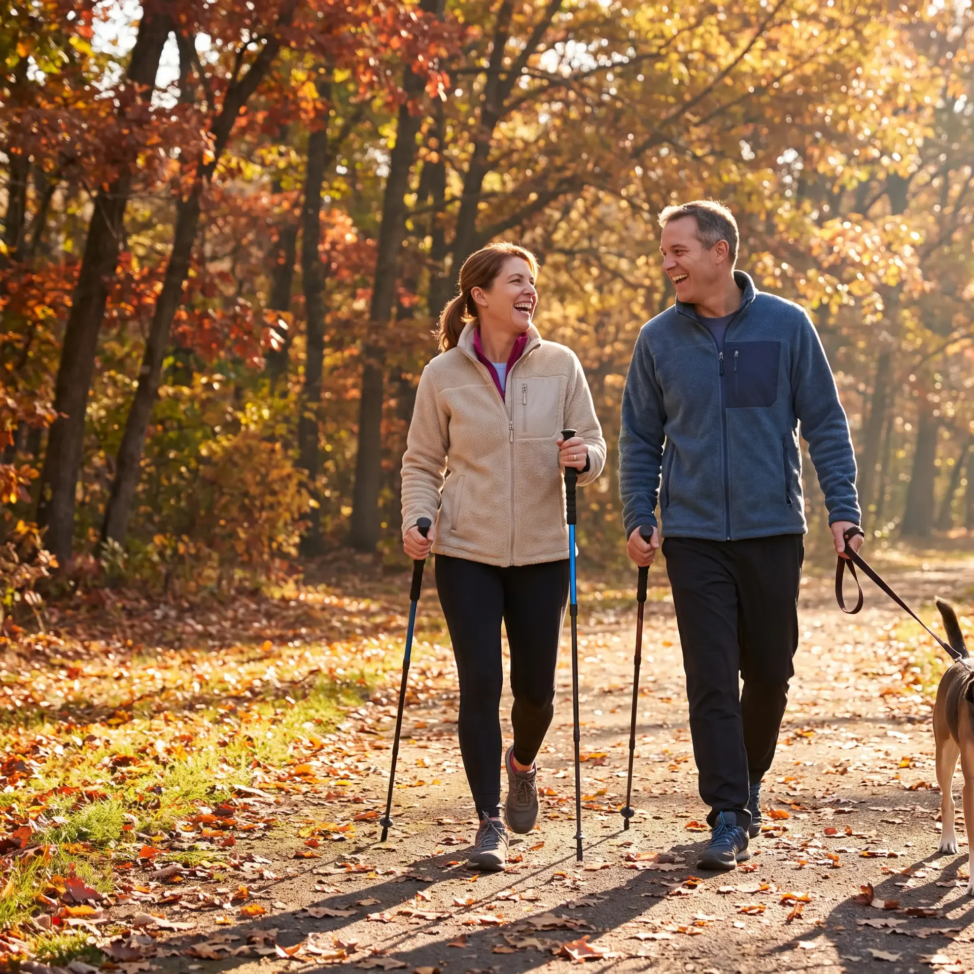 Pár v strednom veku na jesennej prechádzke s nordic walking palicami